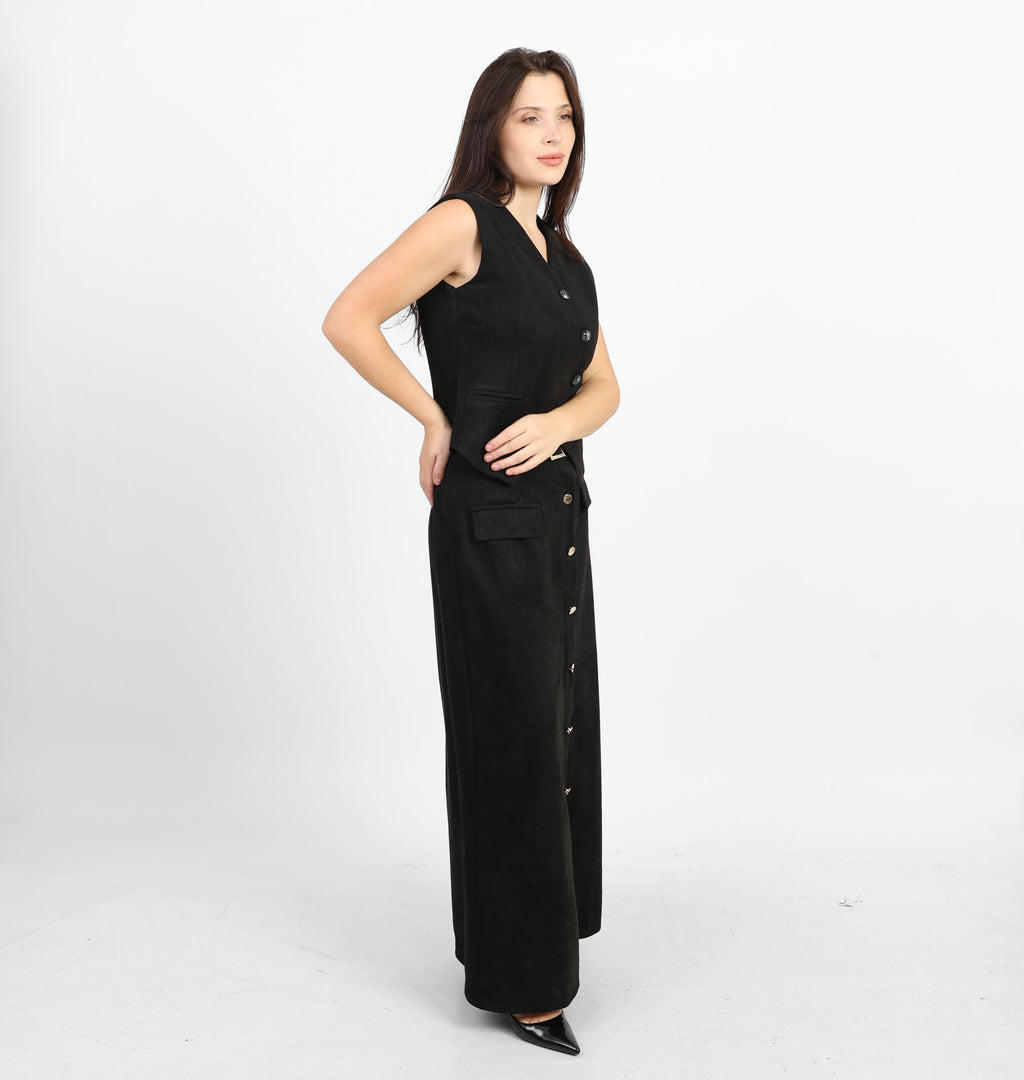 صدرية كلاسيكية من جلد الغزال الأسود من لا رين بياقة على شكل حرف V 