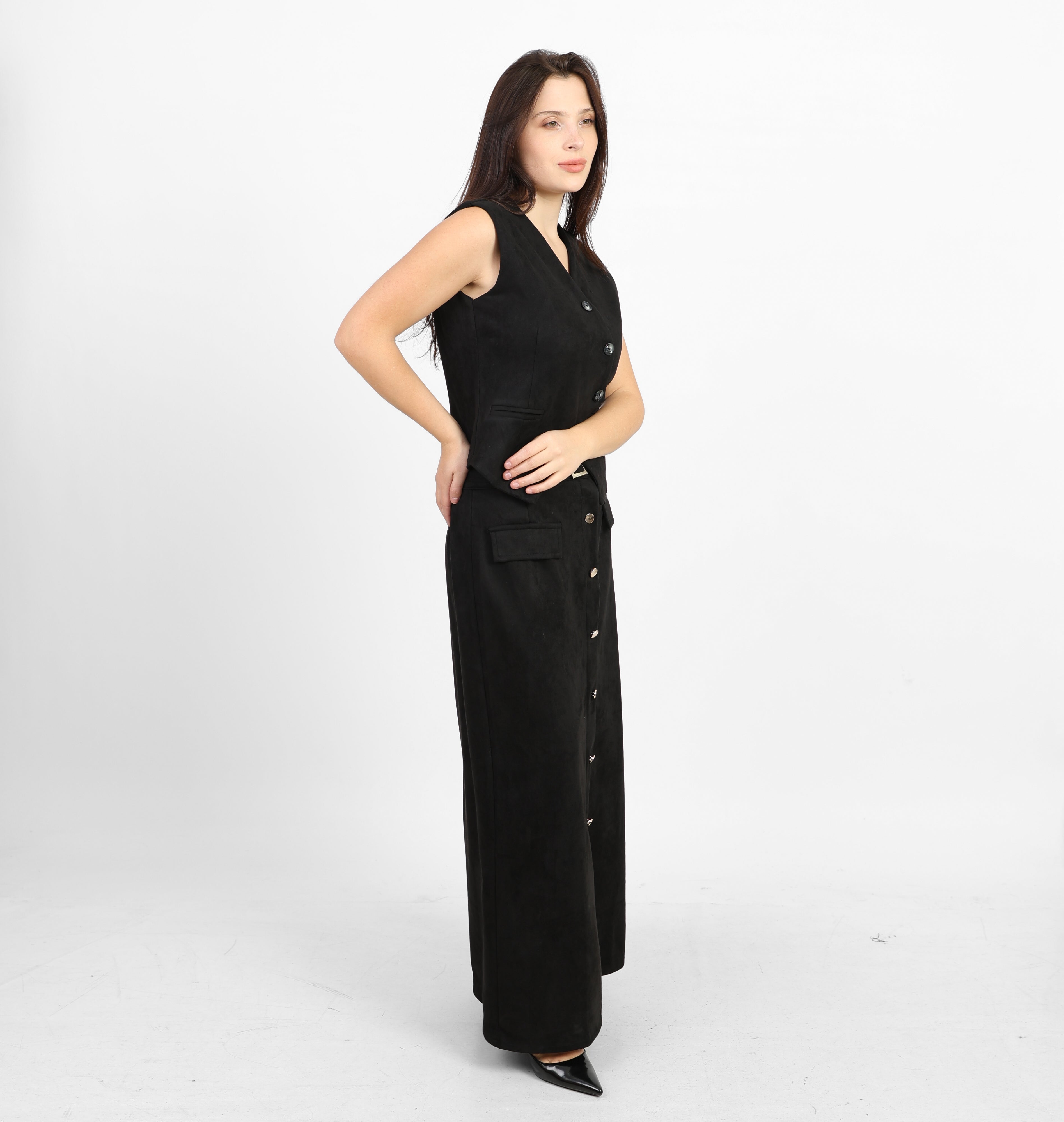 صدرية كلاسيكية من جلد الغزال الأسود من لا رين بياقة على شكل حرف V 