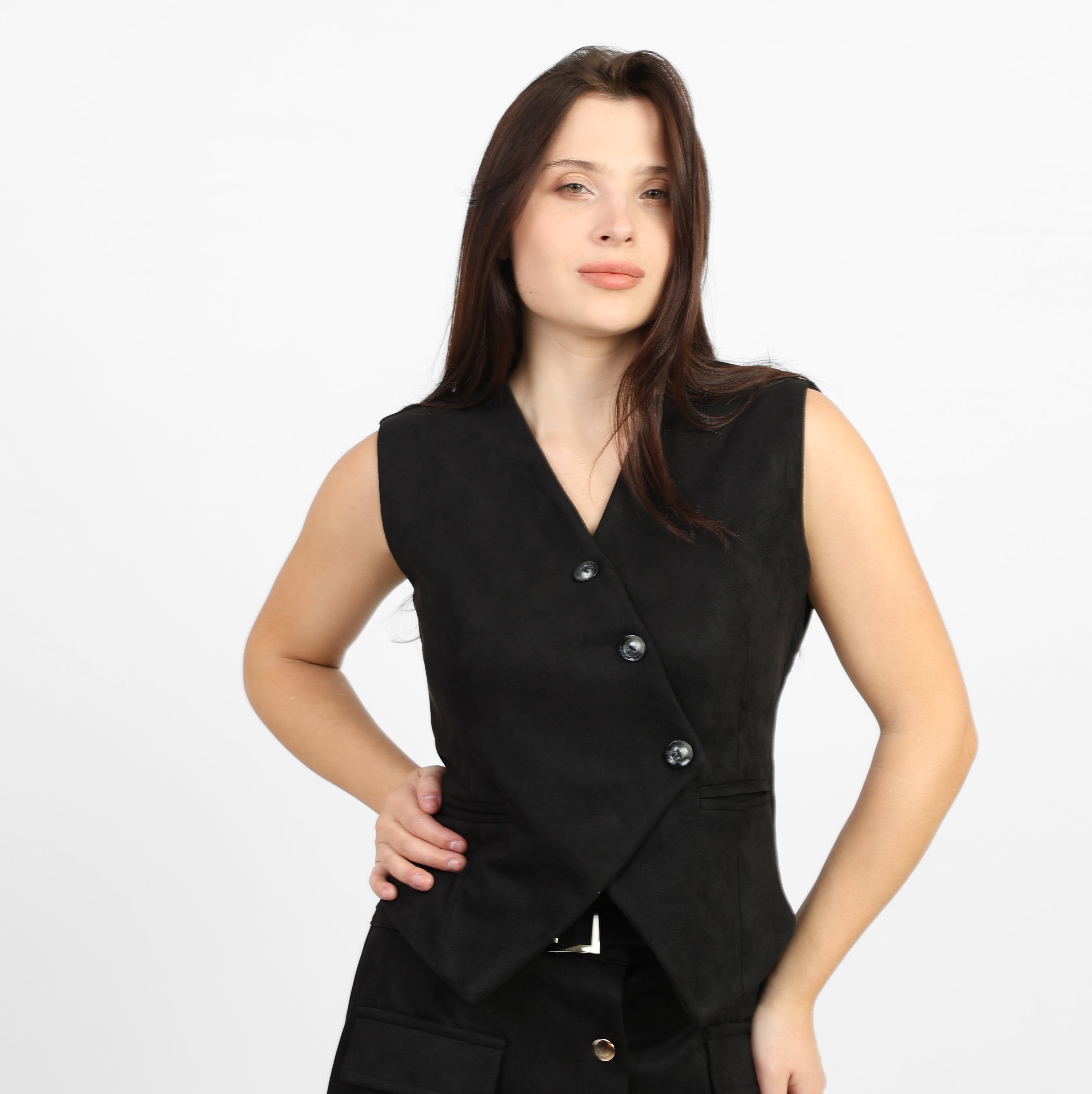 La Reine Black Suede Classic  V-Neck Vest
