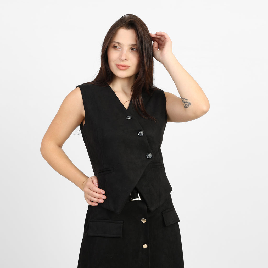 صدرية كلاسيكية من جلد الغزال الأسود من لا رين بياقة على شكل حرف V 