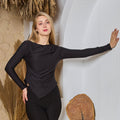 La Reine Black Asymmetrical Neck Line Long Sleeve Cotton Basic Top