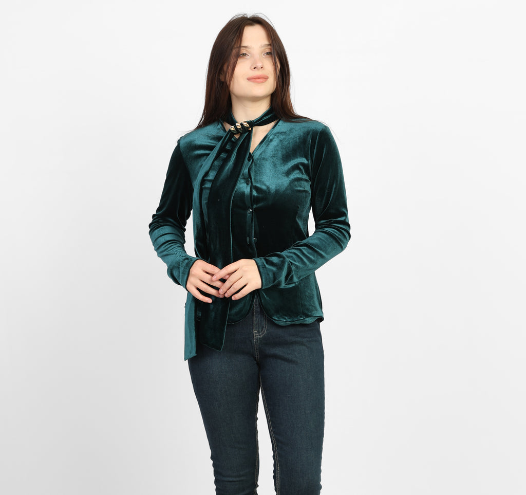 بلوزة لا رين أوليف ذات تصميم أمامي مكشكش وربطة عنق 