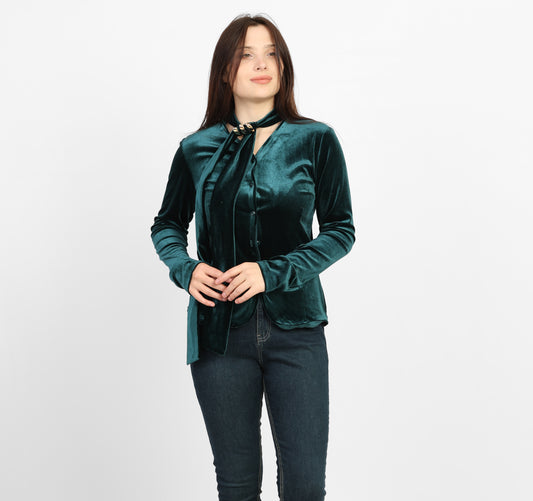 La Reine Olive Rushed Front and Tie-Neck Accent Blouse