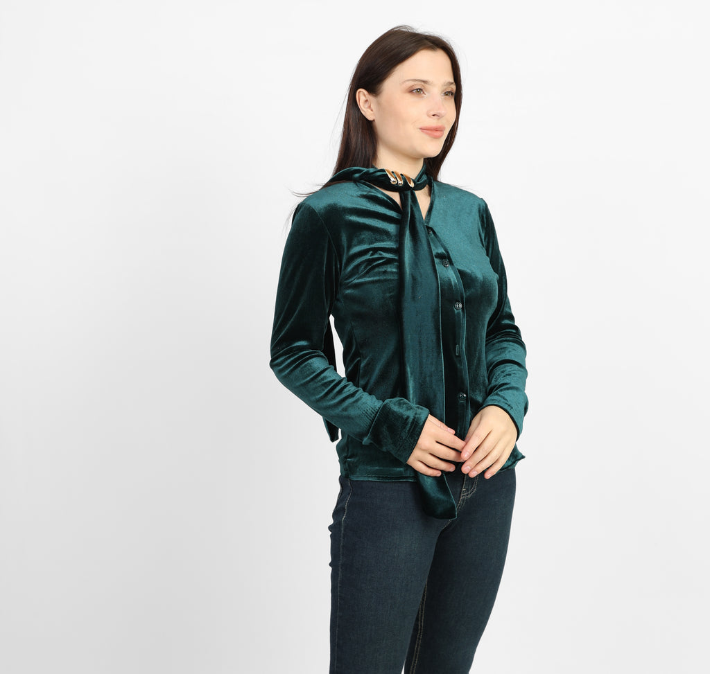 بلوزة لا رين أوليف ذات تصميم أمامي مكشكش وربطة عنق 