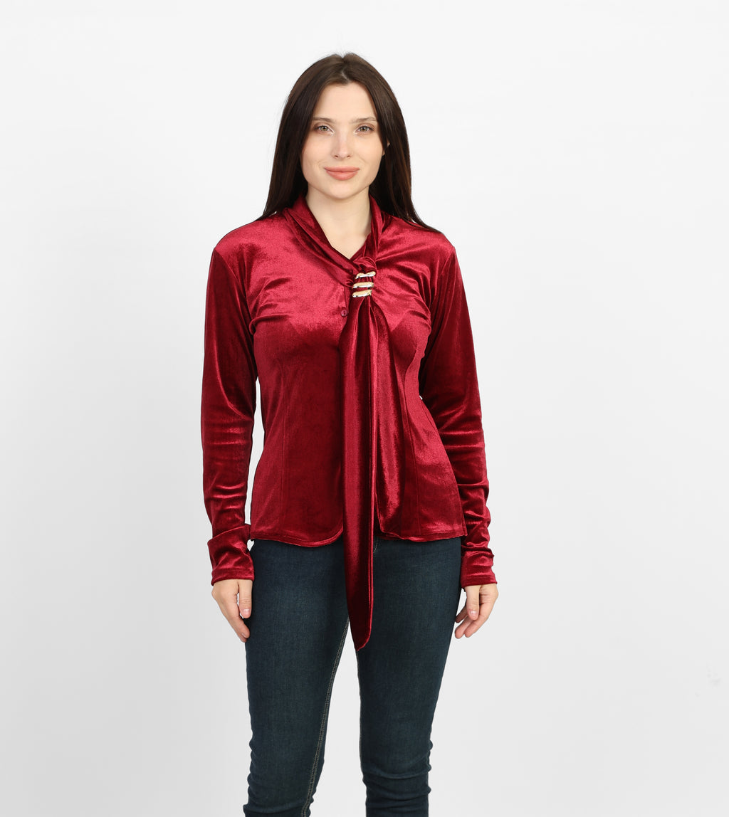 بلوزة لا رين بورغندي ذات تصميم مكشكش من الأمام وربطة عنق 