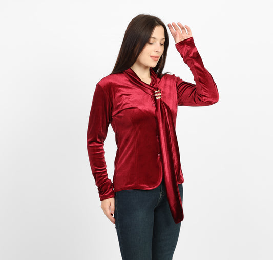 La Reine Burgundy Ruched Front and Tie-Neck Accent Blouse