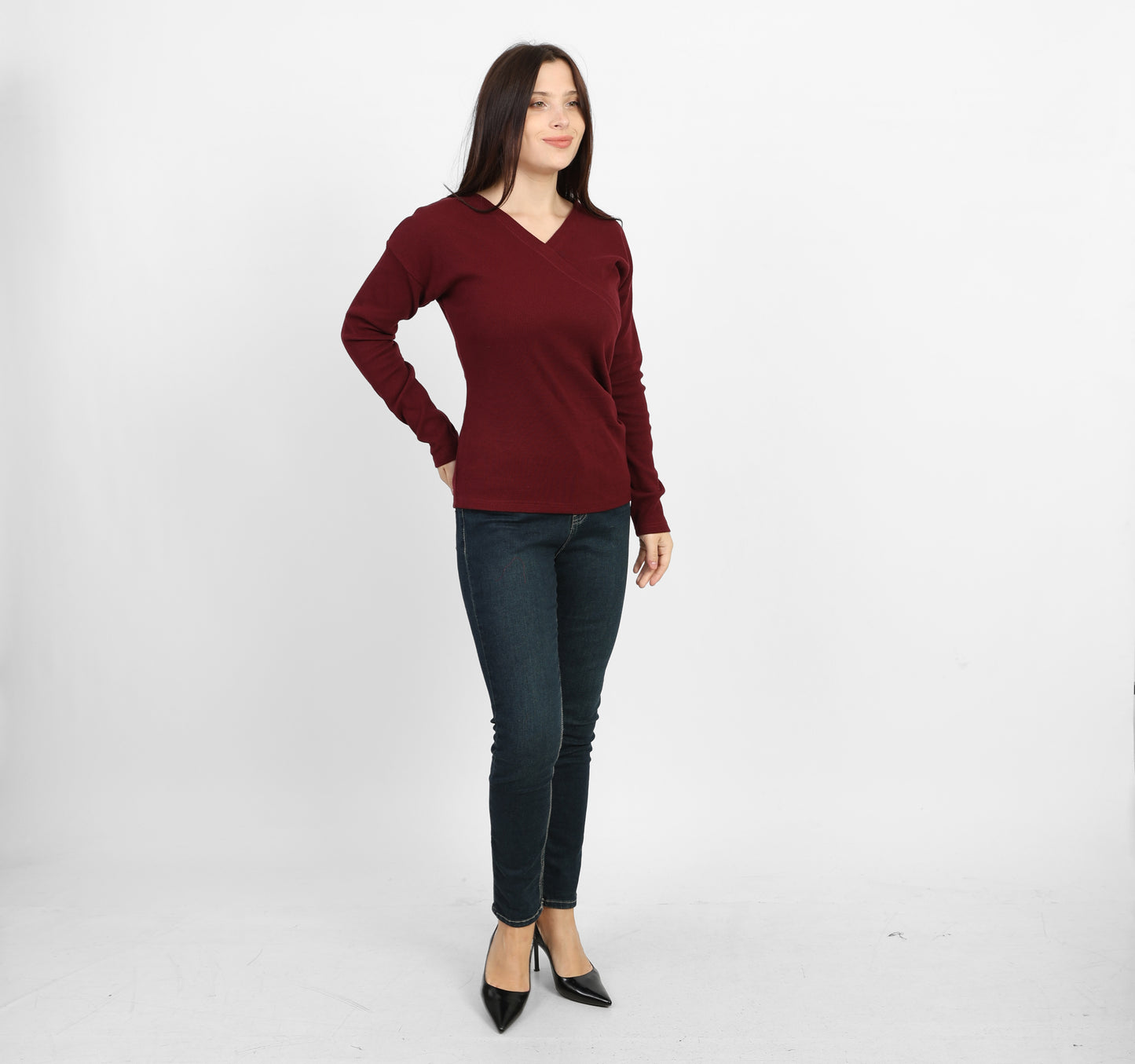 La Reine Burgundy Elegant Cross-Front Marled Knit Long Sleeve Top