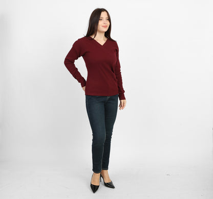 La Reine Burgundy Elegant Cross-Front Marled Knit Long Sleeve Top
