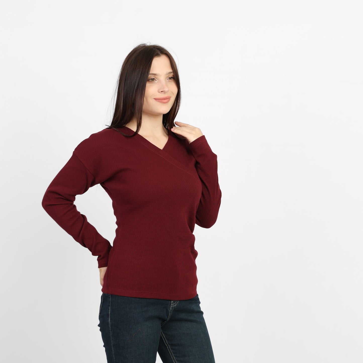 La Reine Burgundy Elegant Cross-Front Marled Knit Long Sleeve Top