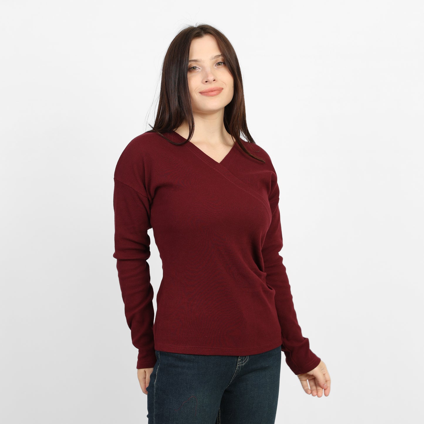La Reine Burgundy Elegant Cross-Front Marled Knit Long Sleeve Top