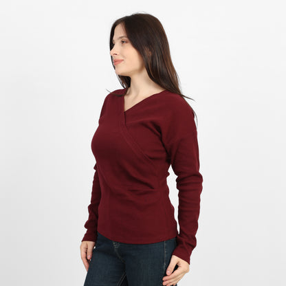 La Reine Burgundy Elegant Cross-Front Marled Knit Long Sleeve Top