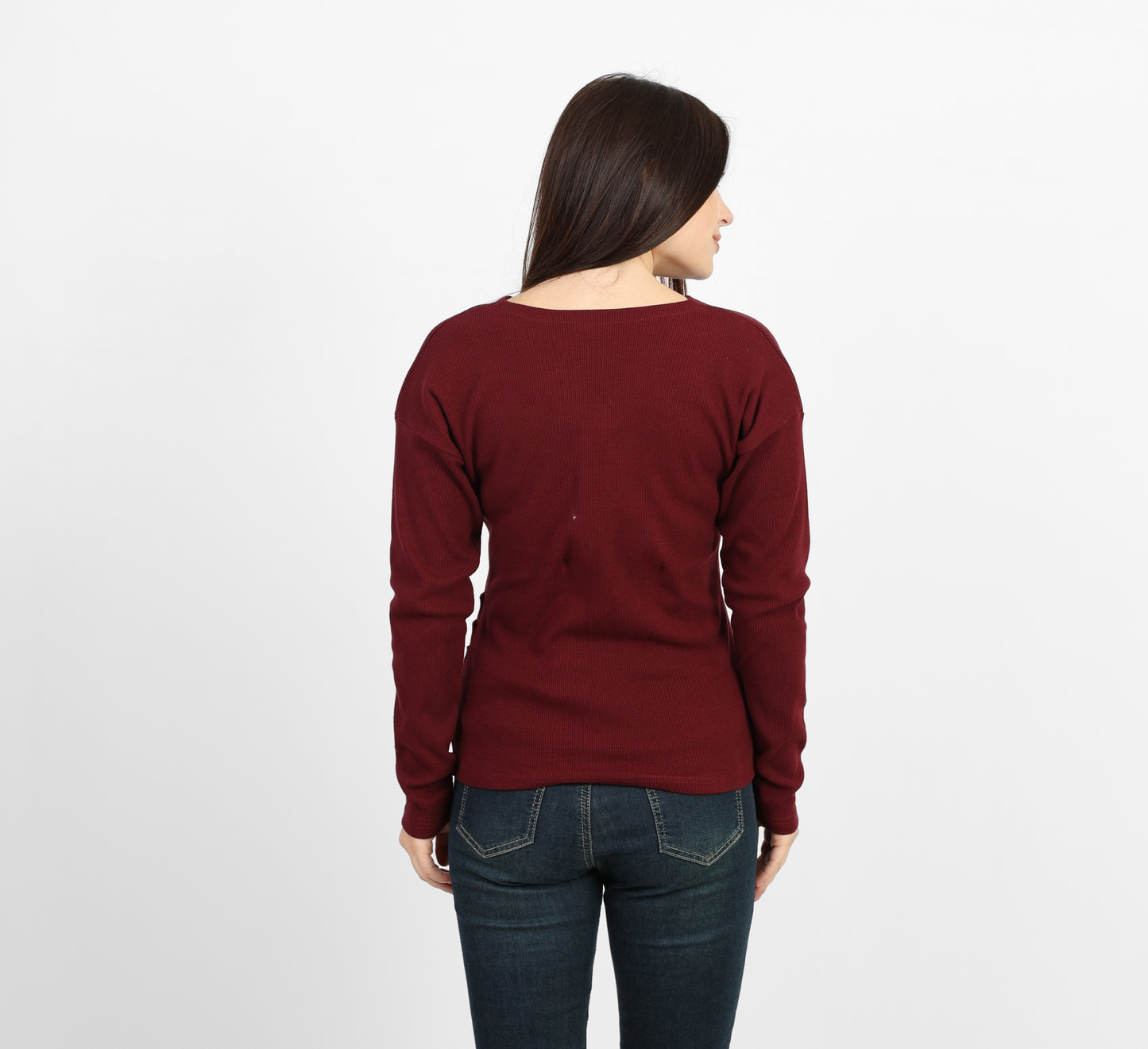 La Reine Burgundy Elegant Cross-Front Marled Knit Long Sleeve Top
