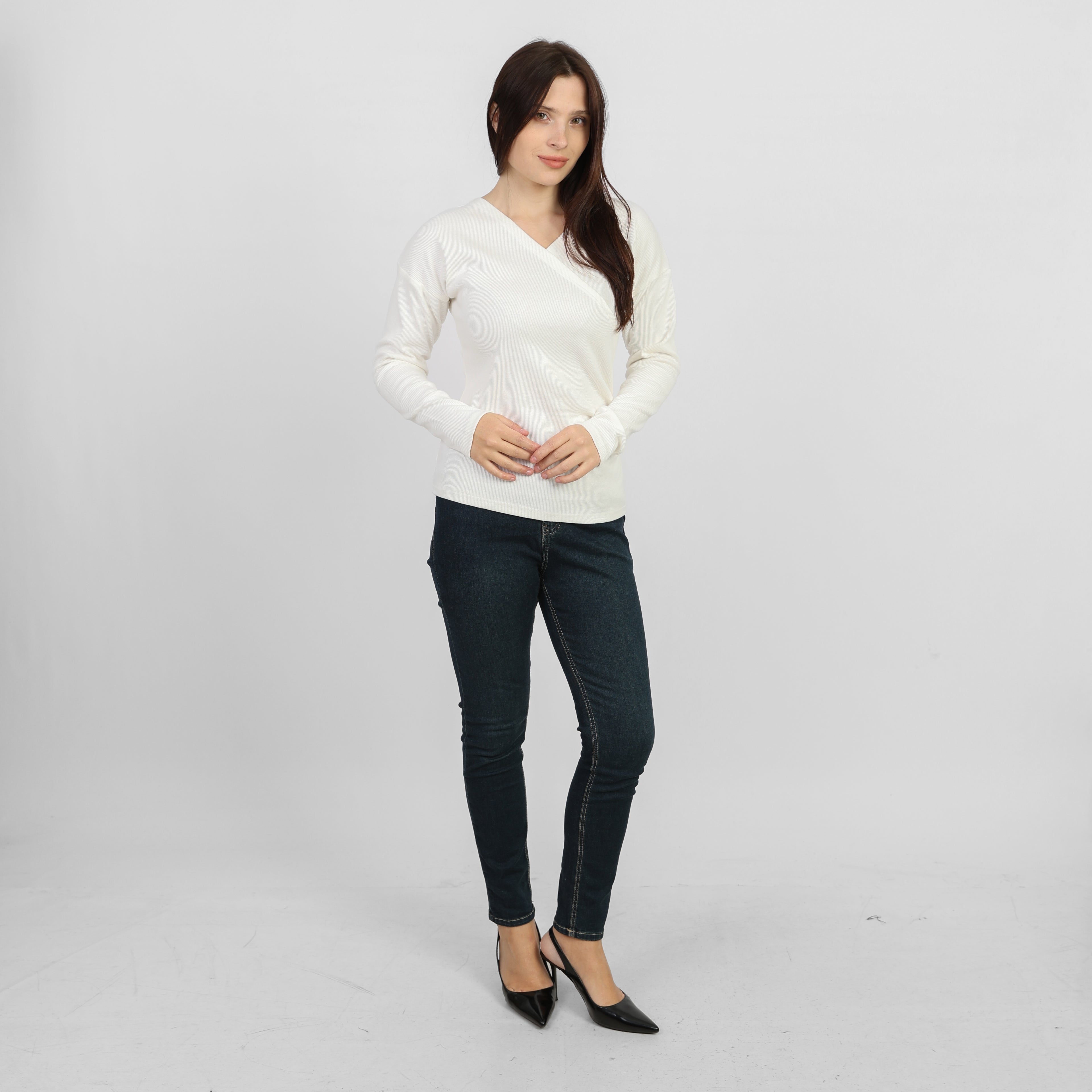 La Reine White Elegant Cross-Front Marled Knit Long Sleeve Top