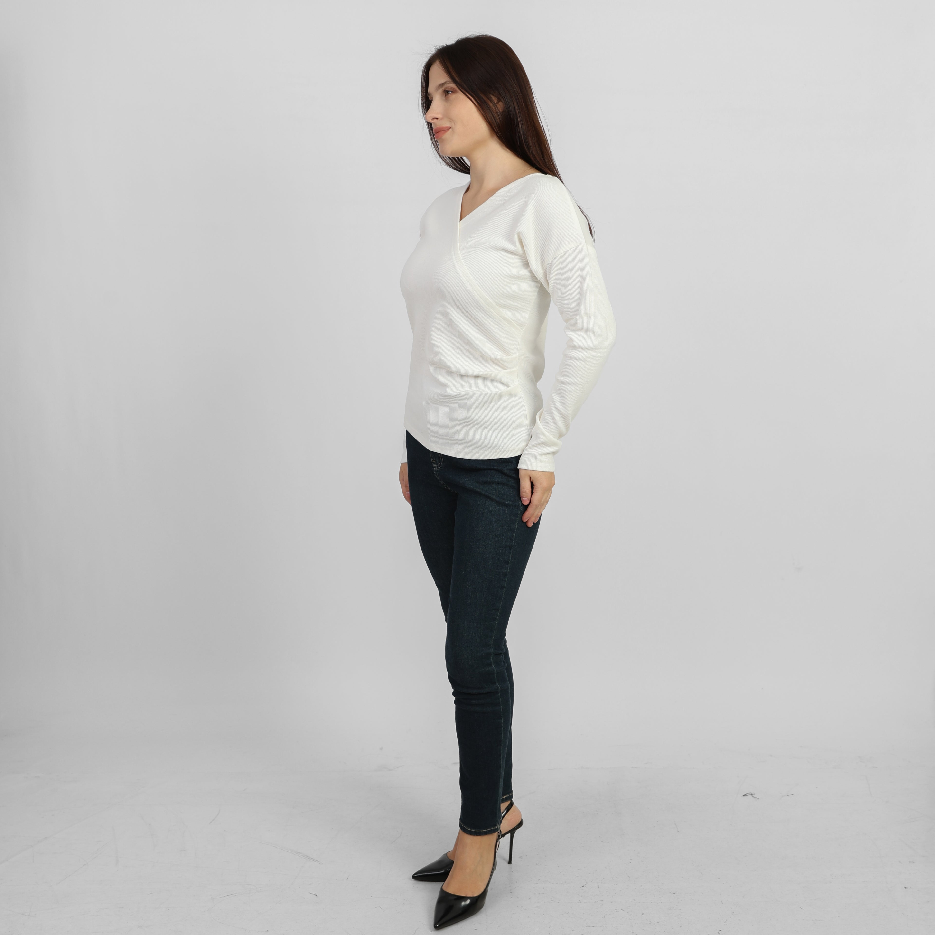 La Reine White Elegant Cross-Front Marled Knit Long Sleeve Top