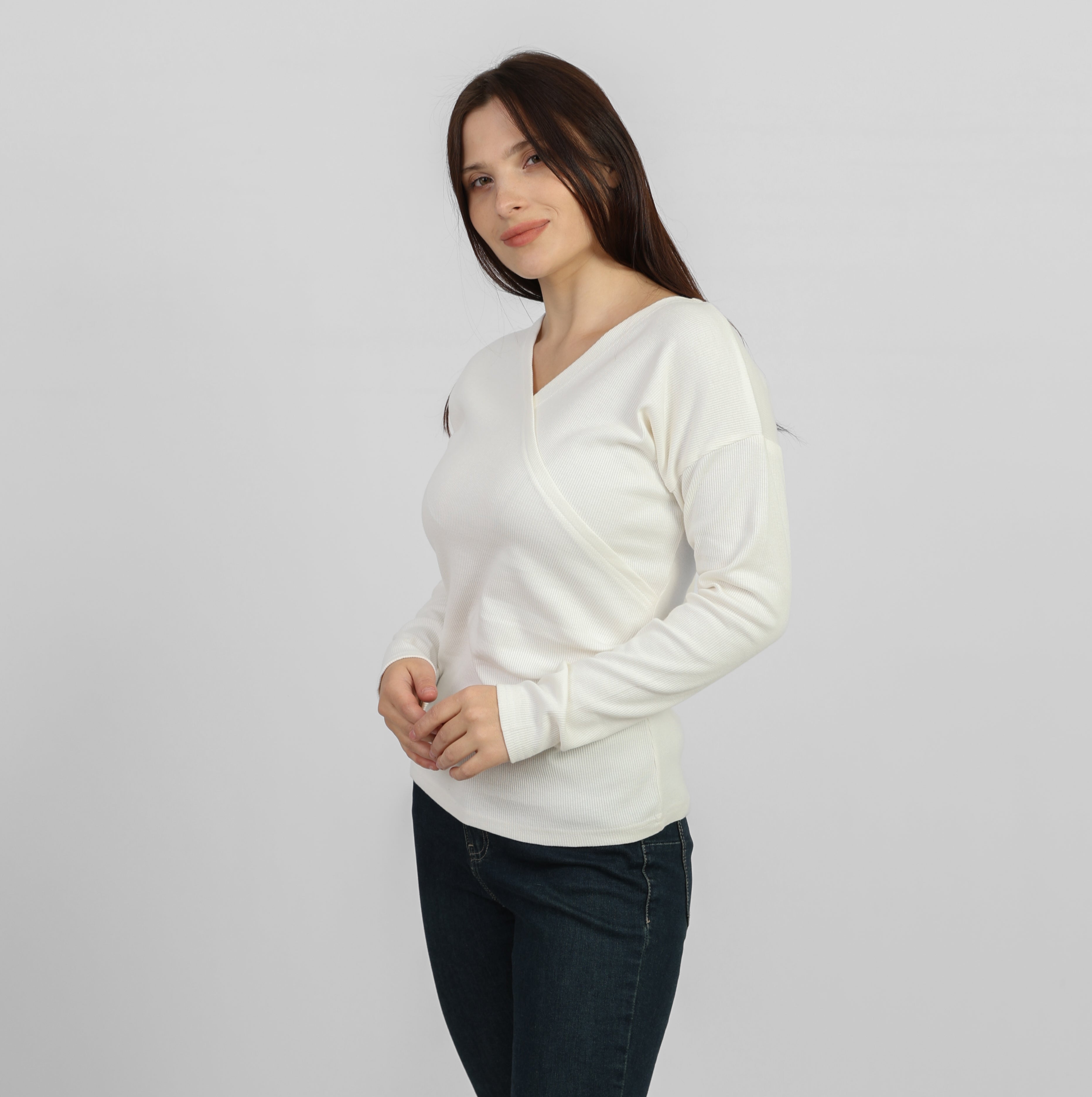 La Reine White Elegant Cross-Front Marled Knit Long Sleeve Top