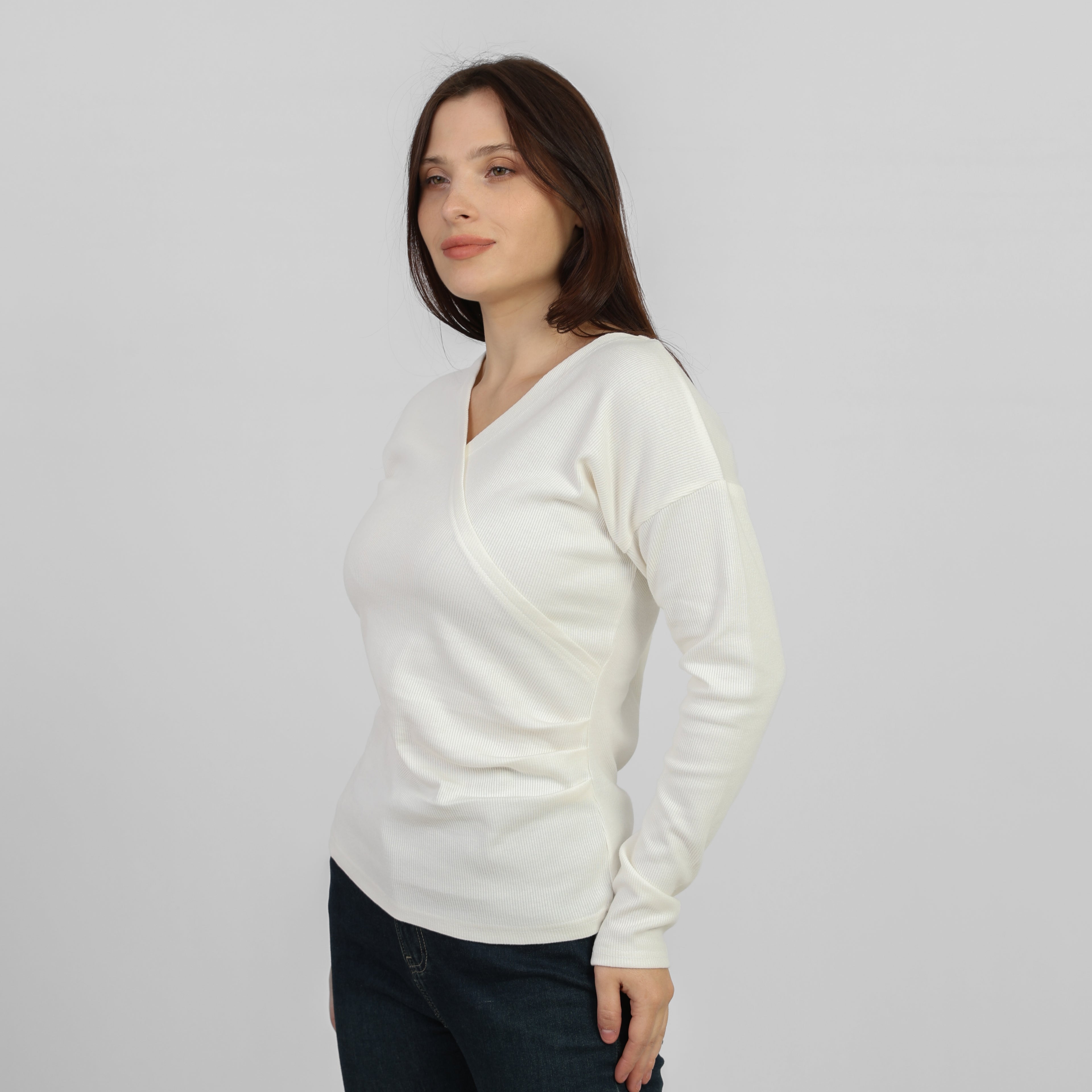 La Reine White Elegant Cross-Front Marled Knit Long Sleeve Top