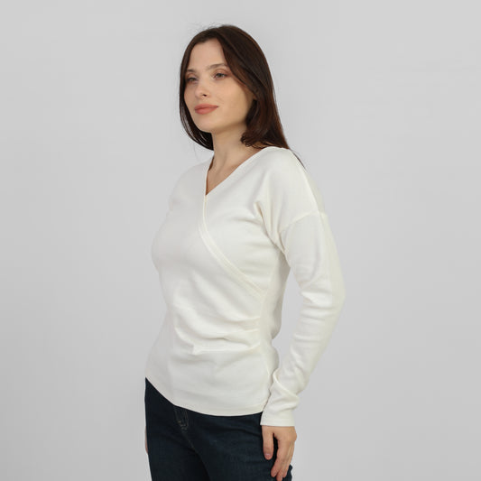La Reine White Elegant Cross-Front Marled Knit Long Sleeve Top