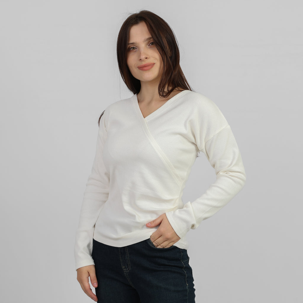 La Reine White Elegant Cross-Front Marled Knit Long Sleeve Top