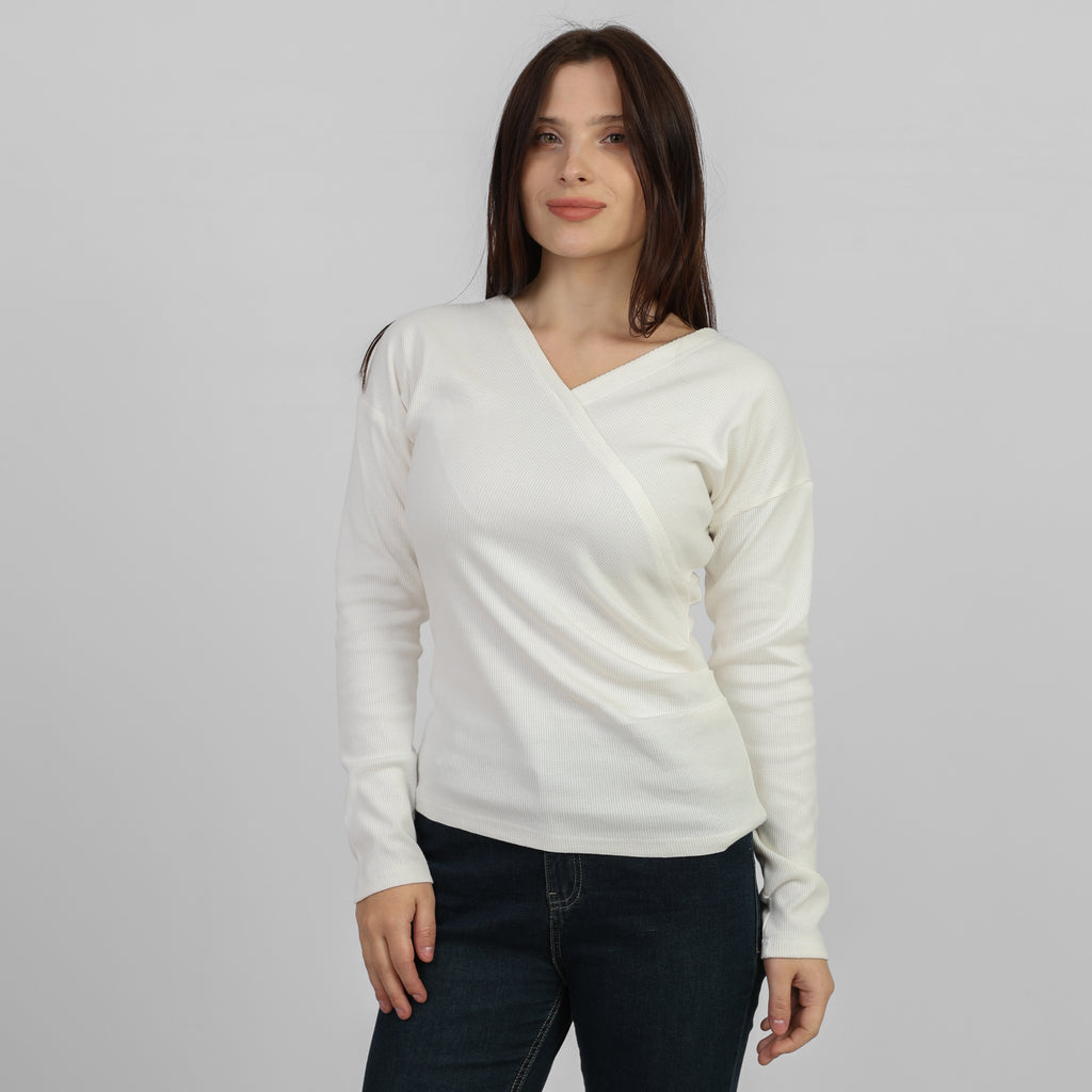 La Reine White Elegant Cross-Front Marled Knit Long Sleeve Top