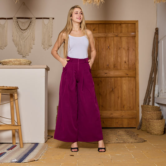 La Reine Purple  Elegant Pleated Wide-Leg Pants