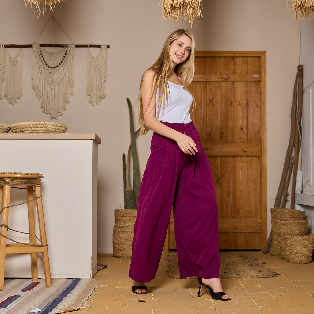 بنطلون لا رين الأرجواني الأنيق ذو الأرجل الواسعة والمطوي