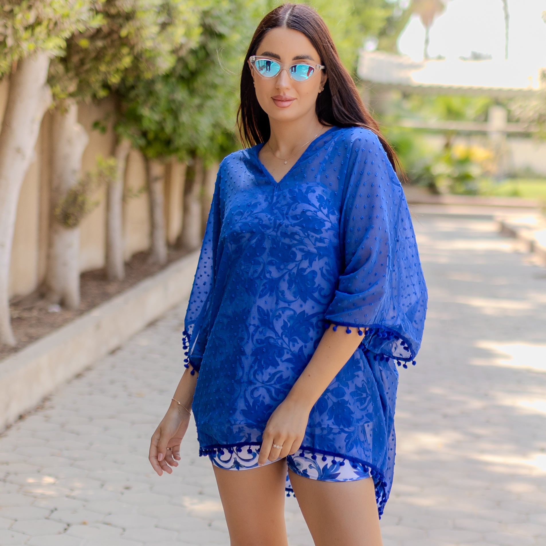 La Reine Embroidered Swiss Dot Blue Cover-Up