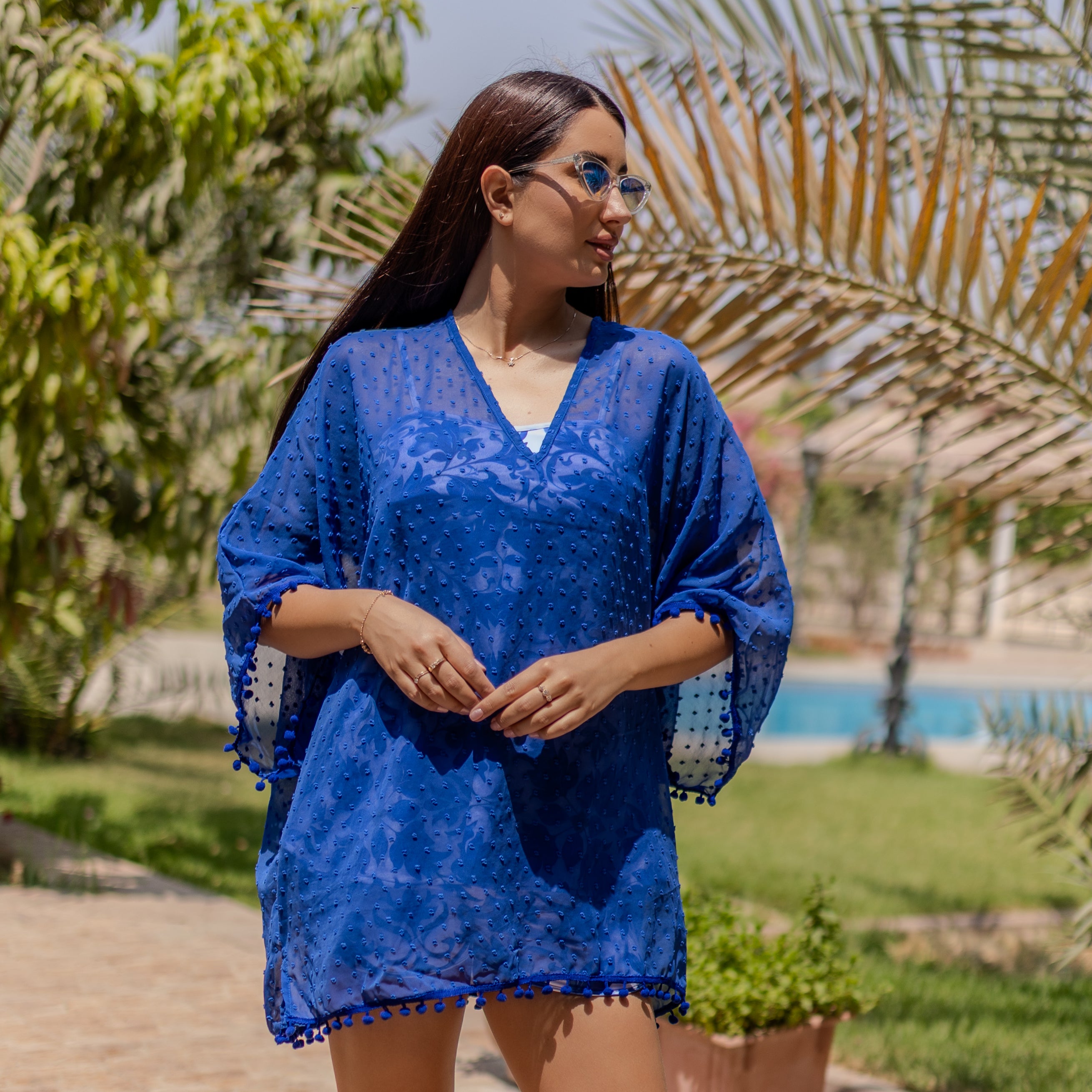 La Reine Embroidered Swiss Dot Blue Cover-Up