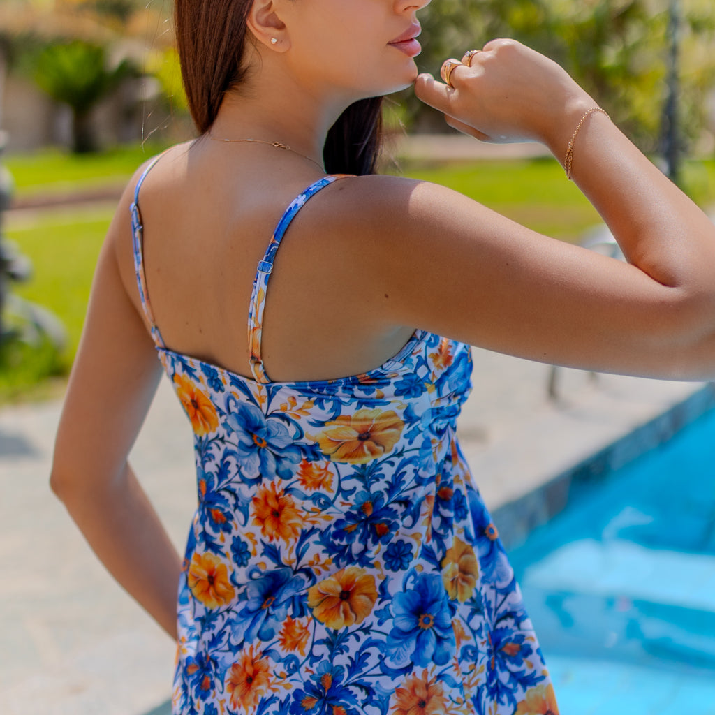 La Reine Orange Floral Tankini  Swimsuit With Bottom Piece