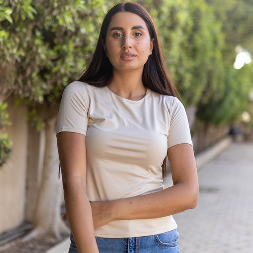 La Reine Beige Round Neck Short Sleeve Basic Top