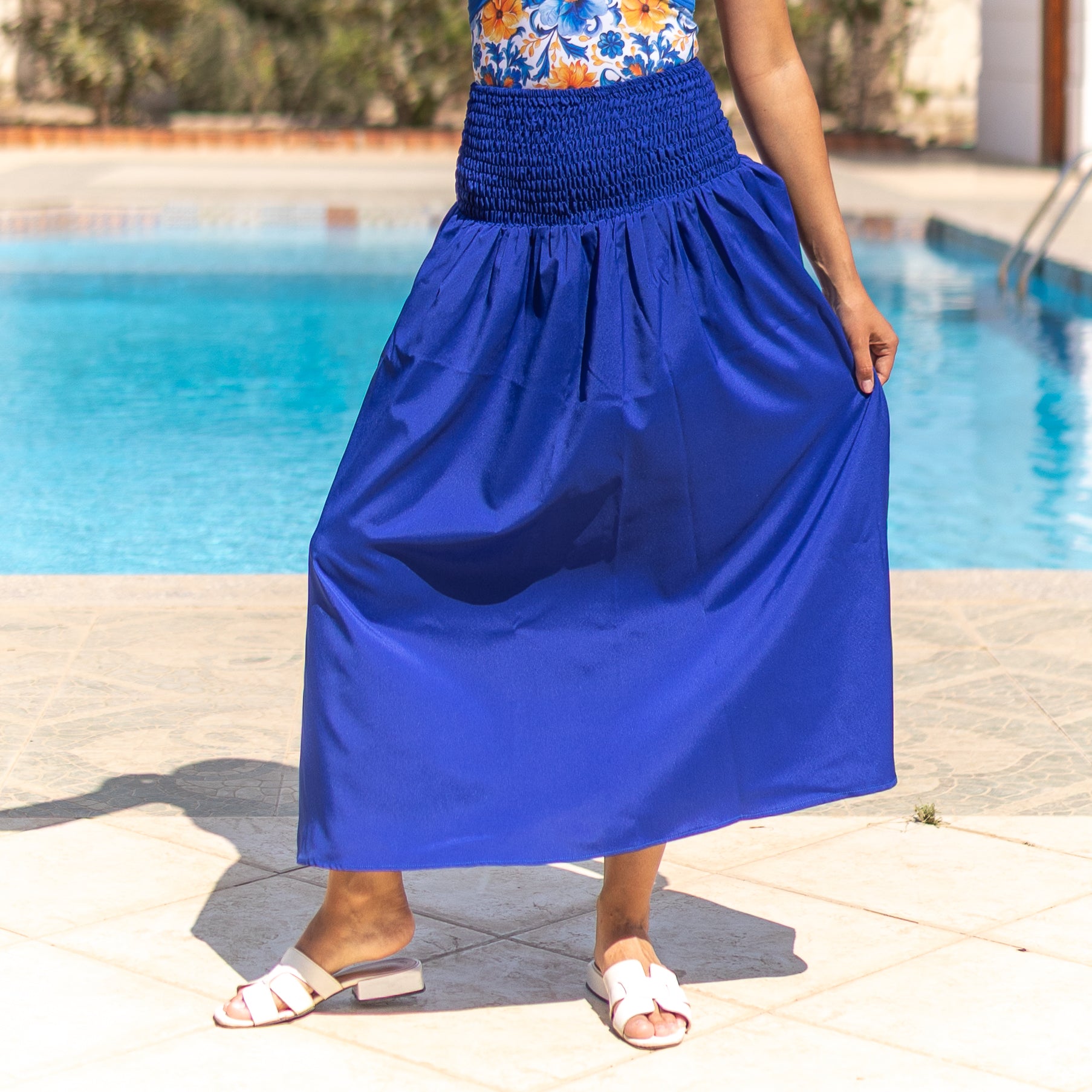 La Reine Blue Smocked Midi Skirt (Cover-Up)
