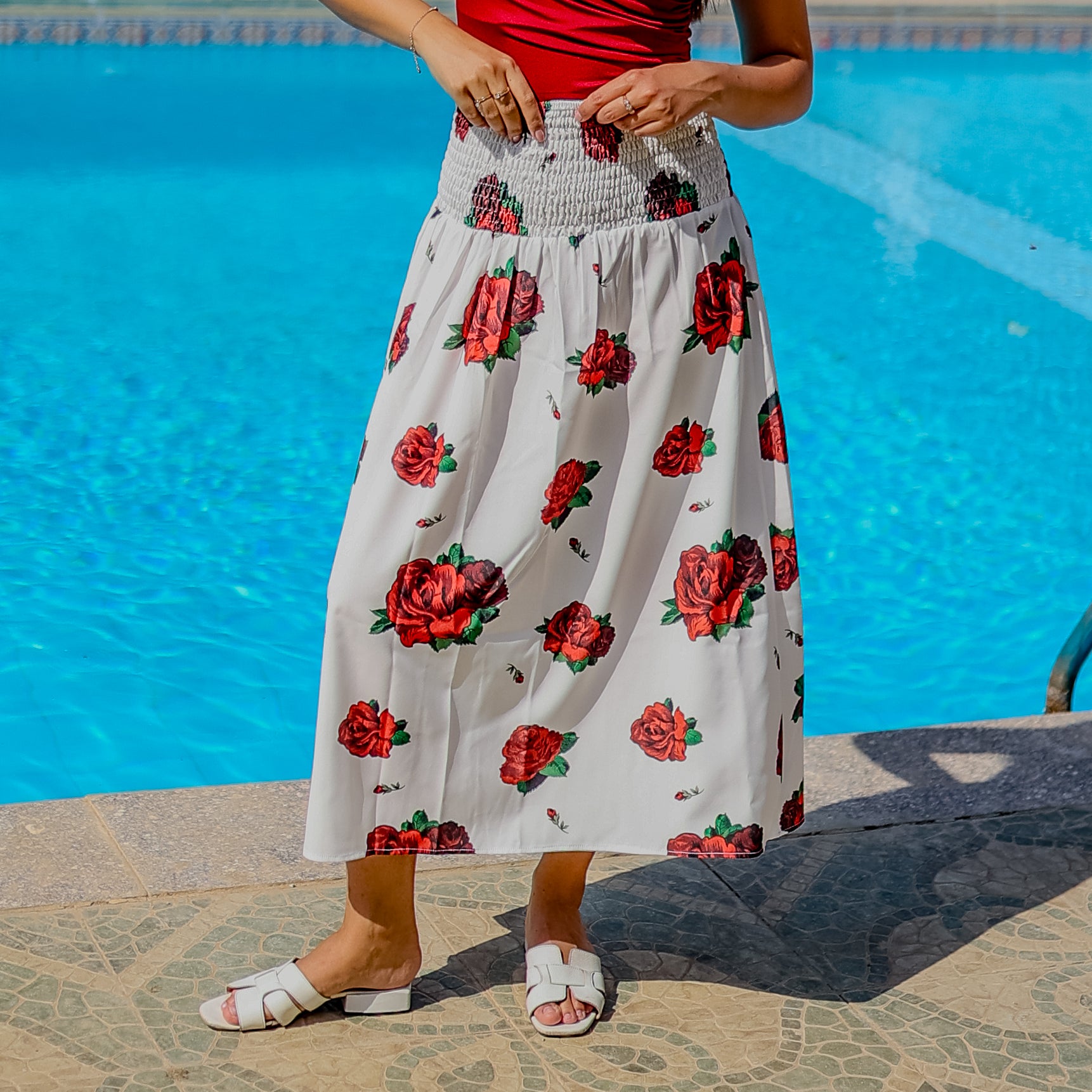 La Reine White Floral Smocked Waist Midi Skirt (Cover-Up)