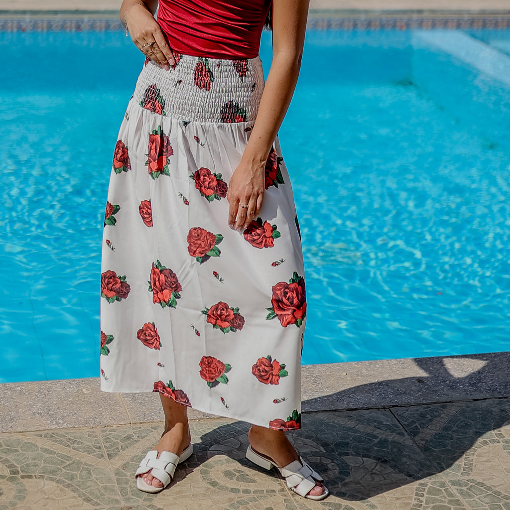 La Reine White Floral Smocked Waist Midi Skirt (Cover-Up)