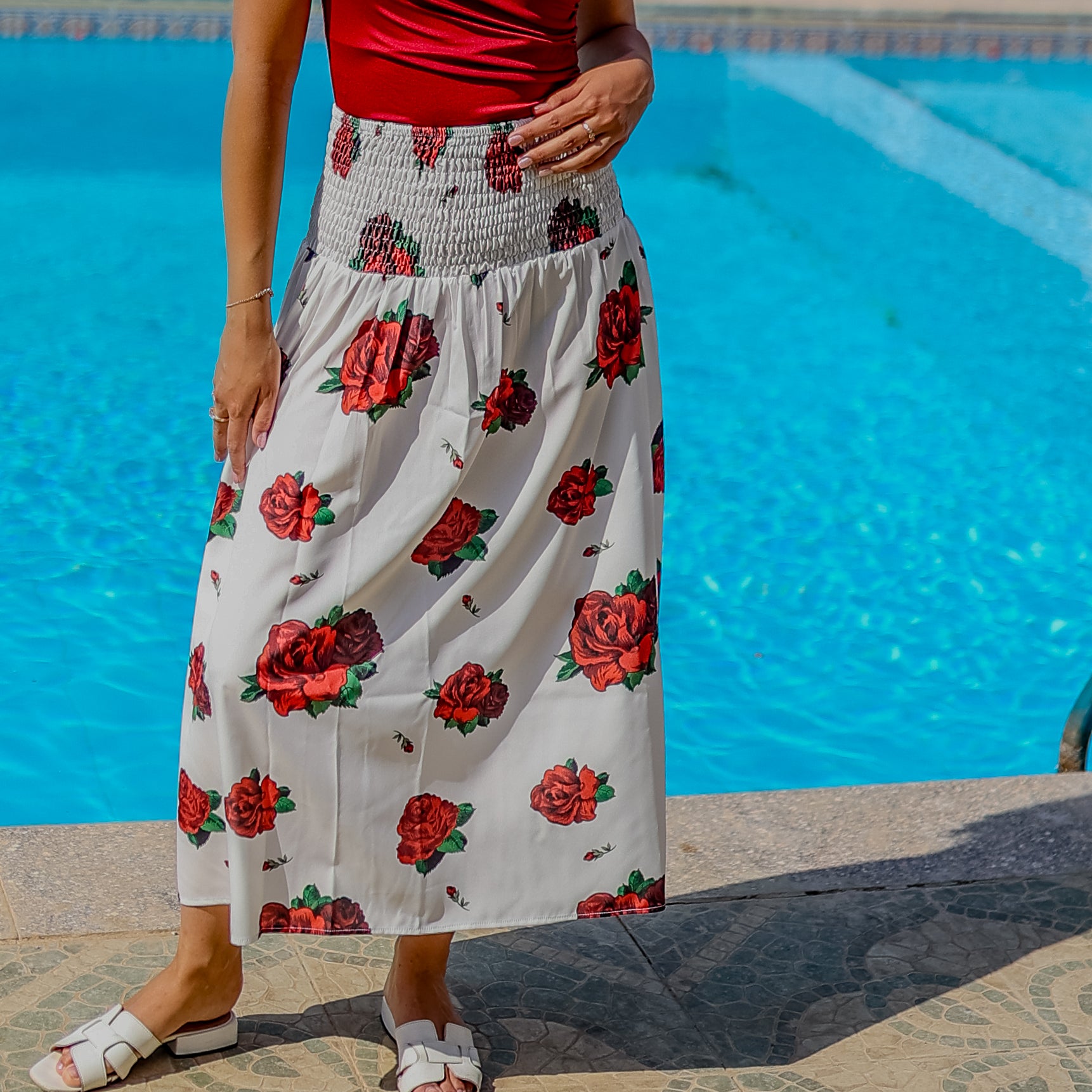 La Reine White Floral Smocked Waist Midi Skirt (Cover-Up)