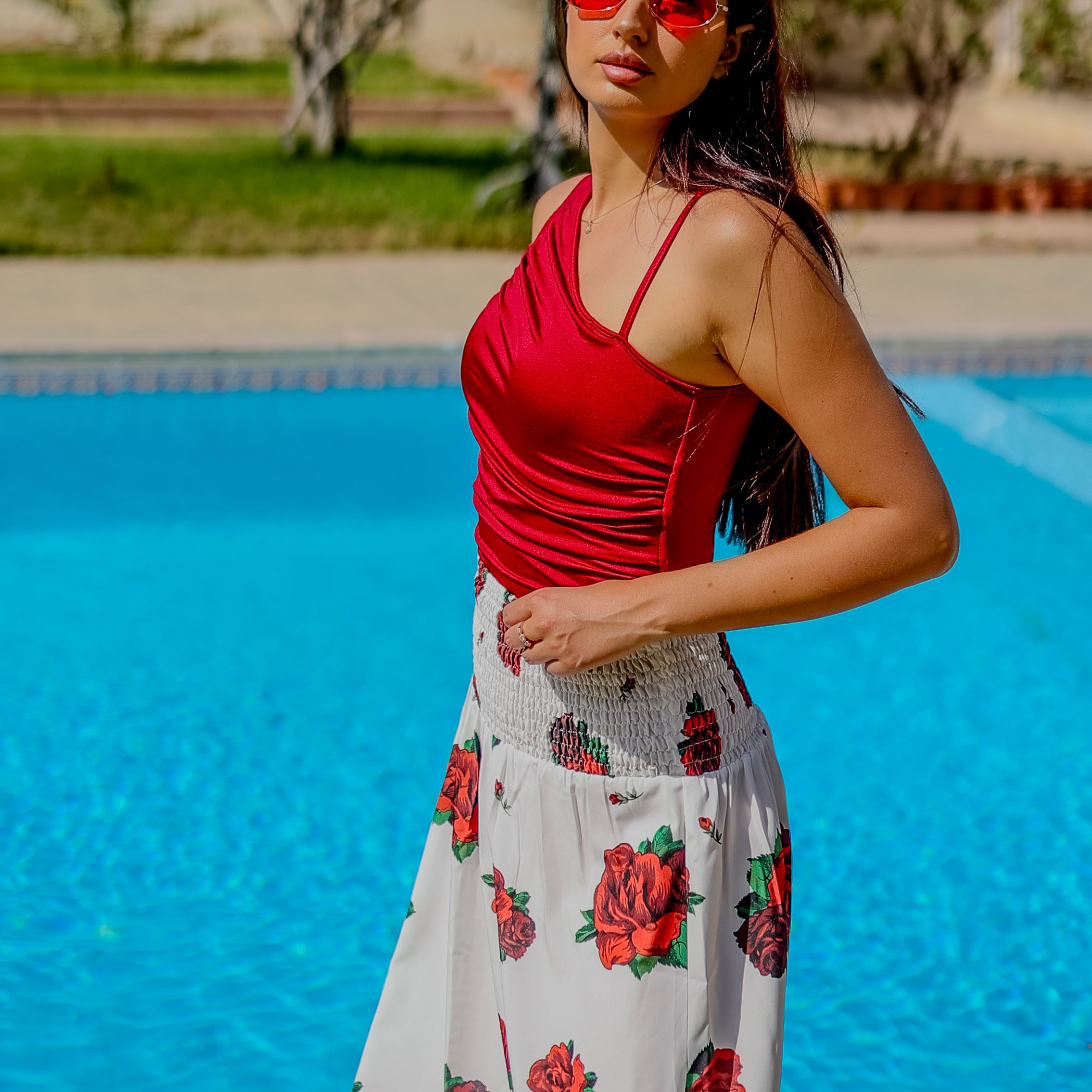 La Reine White Floral Smocked Waist Midi Skirt (Cover-Up)