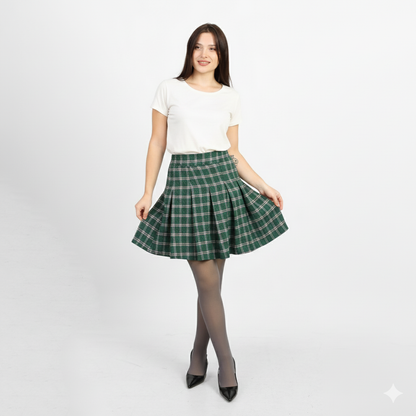 La Reine Green High-Waist Checked Pleated Skater Skirt