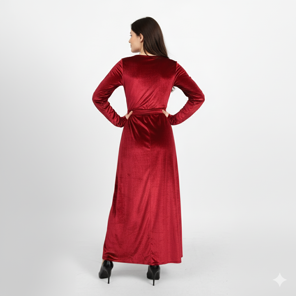 La Reine Burgundy/Maroon Elegant Velvet Dress with Waist Cinching Gold Buckle Detail