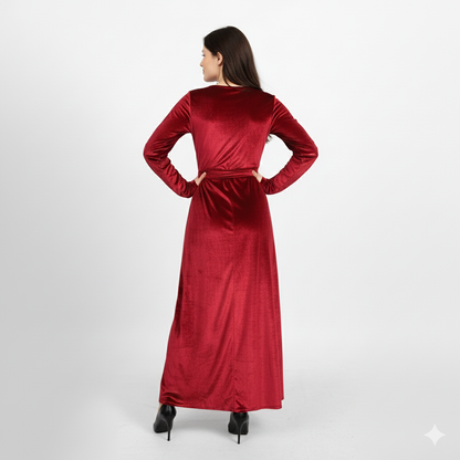 La Reine Burgundy/Maroon Elegant Velvet Dress with Waist Cinching Gold Buckle Detail