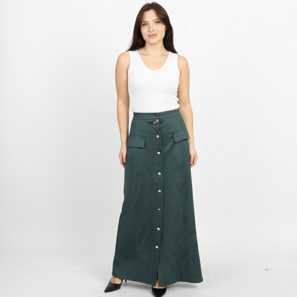 La Reine Olive Suede A-Line Silhouette Skirt