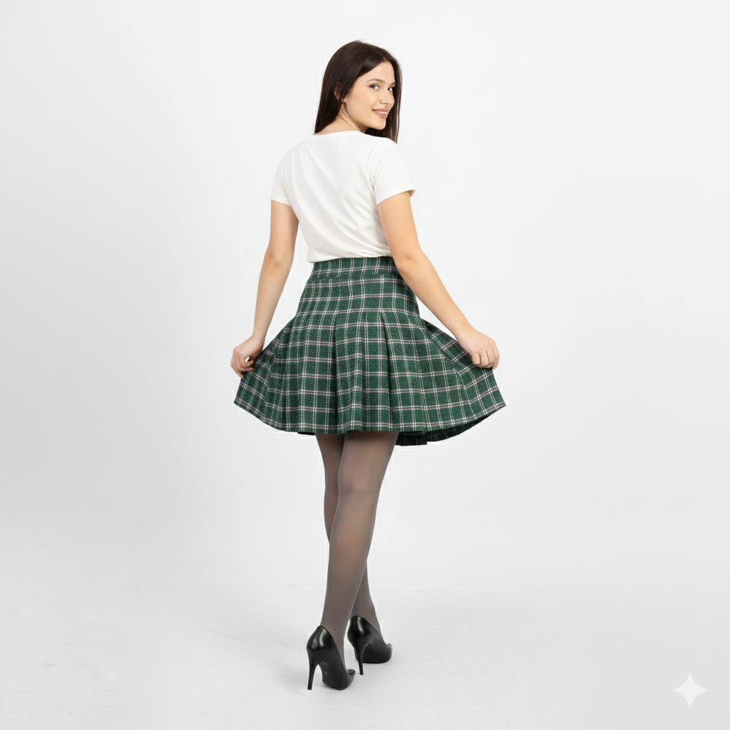 La Reine Green High-Waist Checked Pleated Skater Skirt