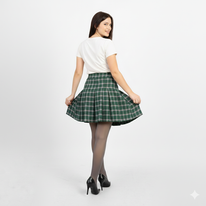 La Reine Green High-Waist Checked Pleated Skater Skirt