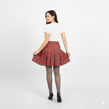 La Reine Red High-Waist Checked Pleated Skater Skirt
