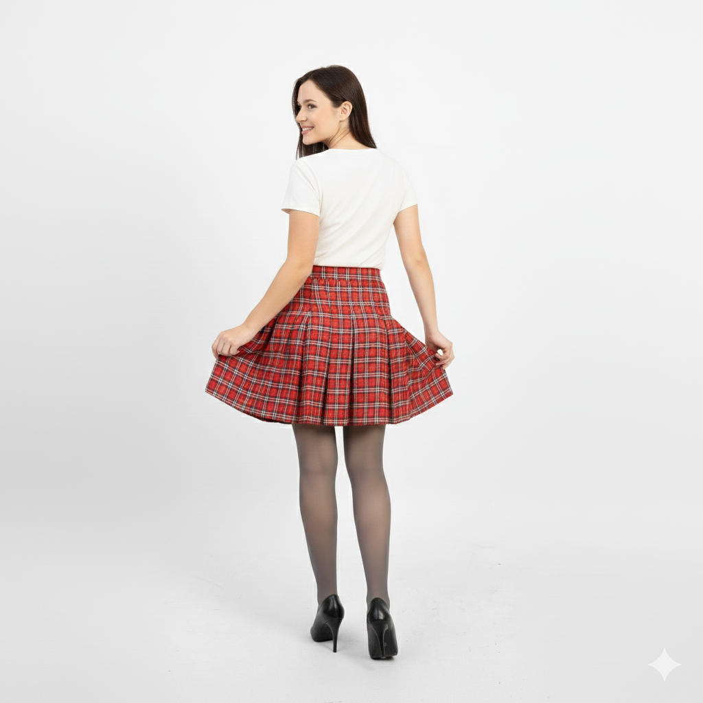 La Reine Red Plaid Checked Pleated Set, Vest & Skirt [Bundle]