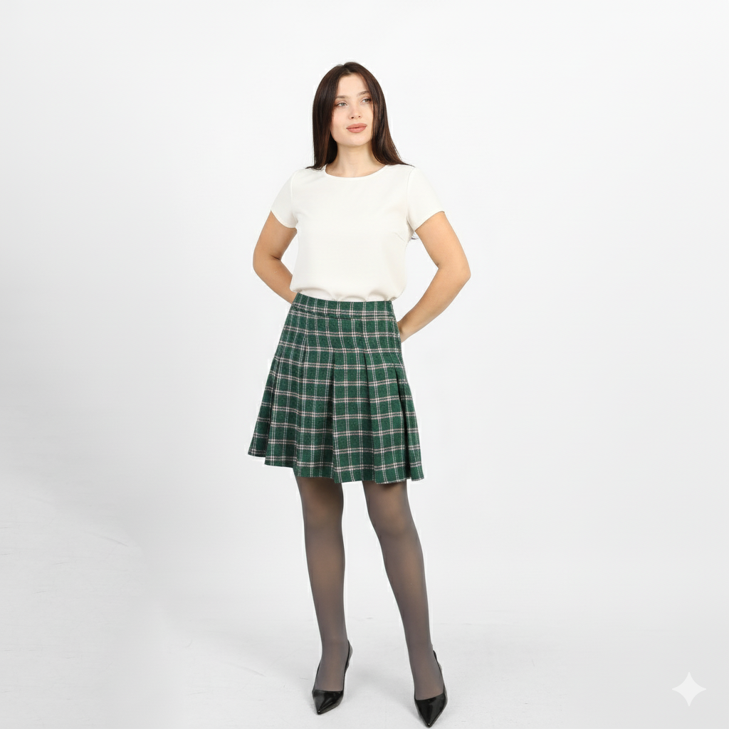 La Reine Green High-Waist Checked Pleated Skater Skirt