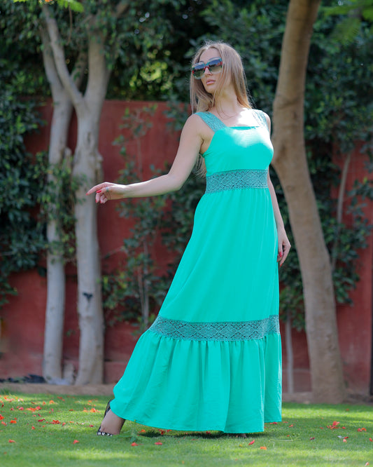 La Reine Guipure Lace Insert Cami Long Dress Green