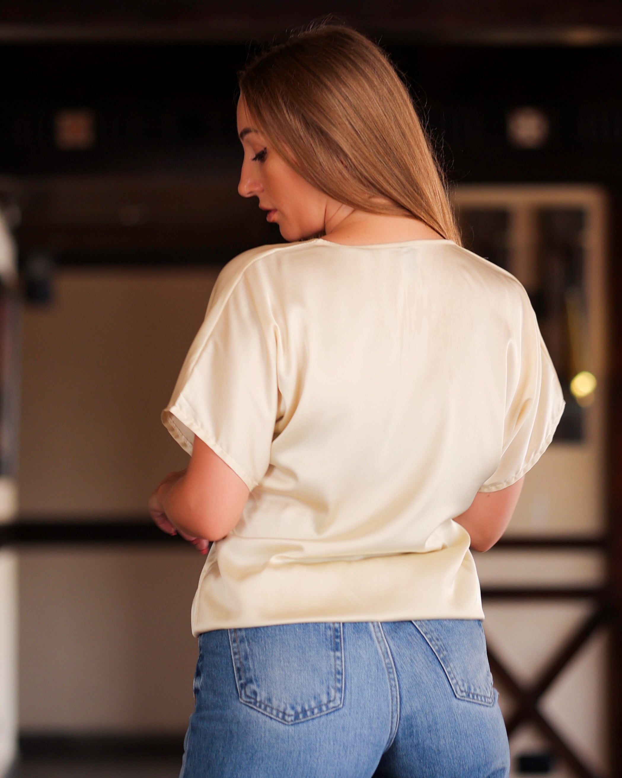 La Reine Oversize Short Sleeve Satin Beige Blouse