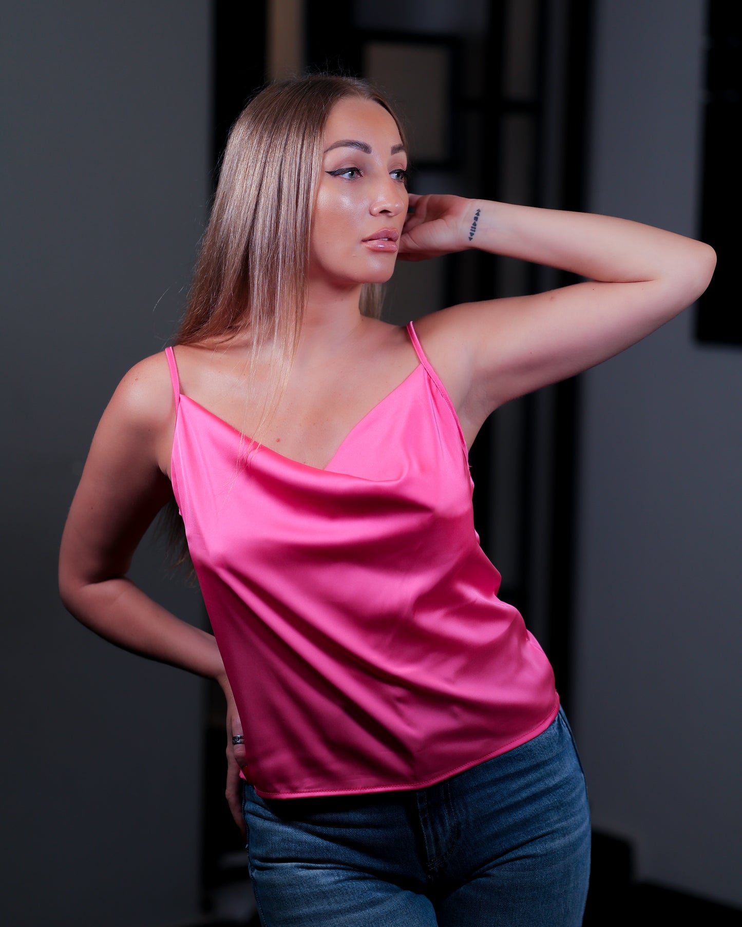 La Reine Draped Neck Satin Fuchsia Cami Top