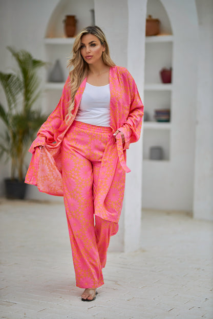 La Reine Suit Geo Print Cardigan and Pants Fuchsia