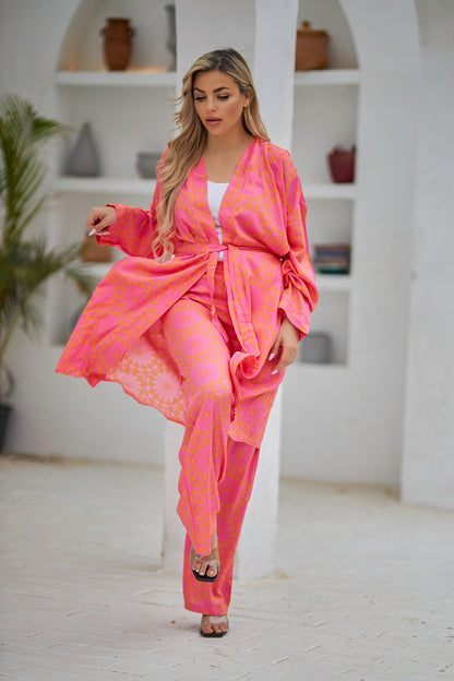 La Reine Suit Geo Print Cardigan and Pants Fuchsia