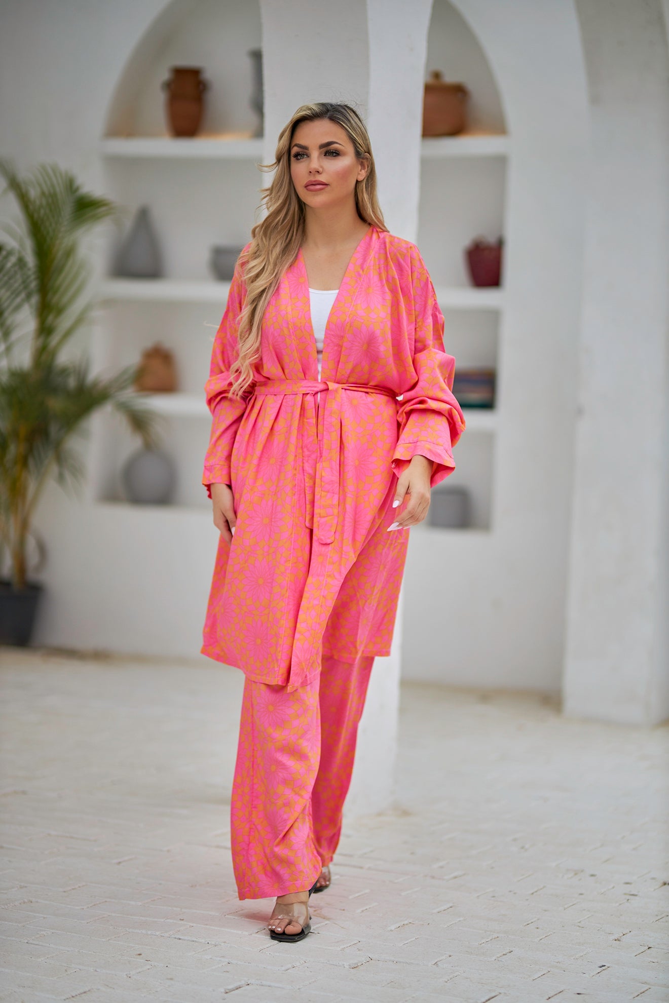 La Reine Suit Geo Print Cardigan and Pants Fuchsia