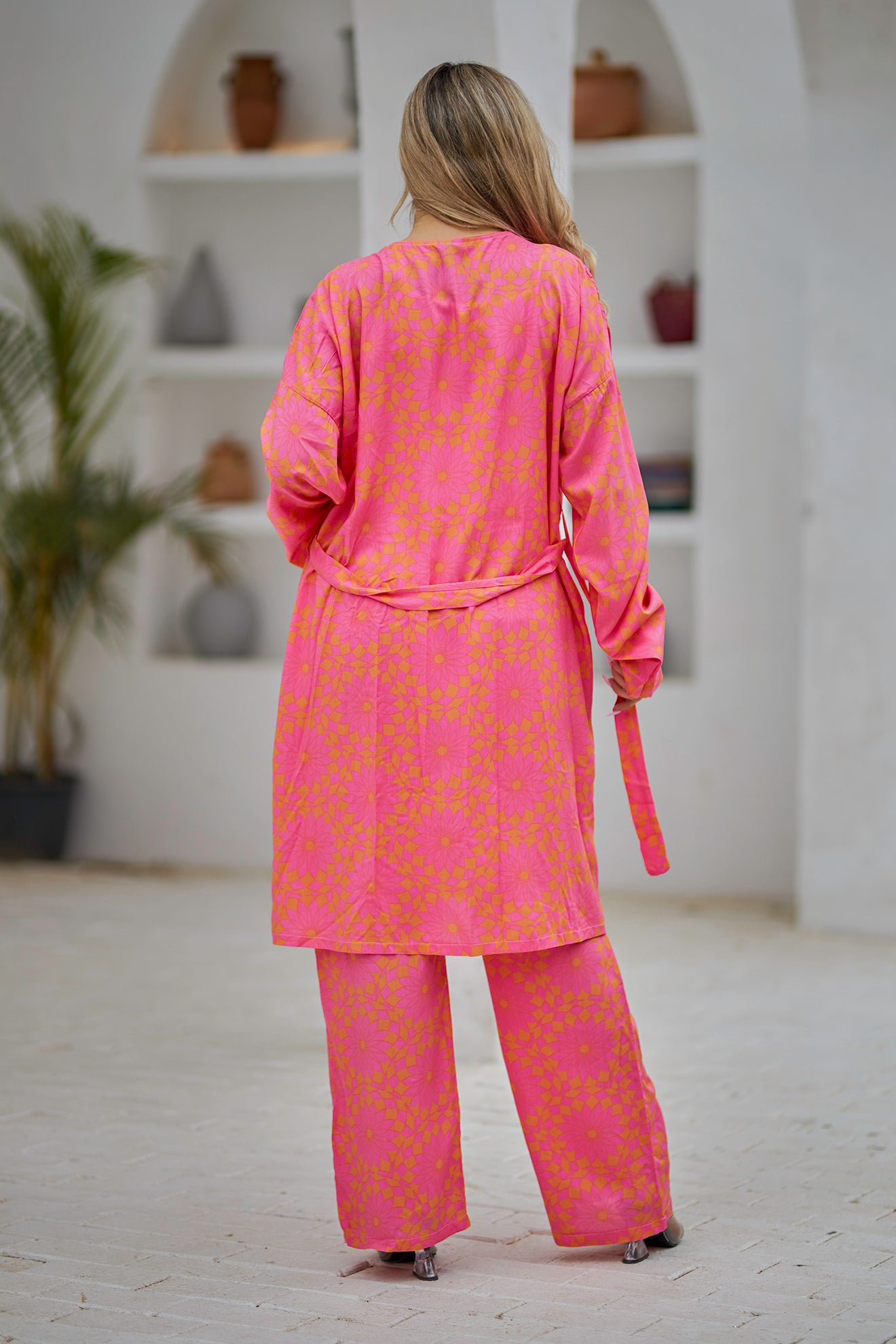 La Reine Suit Geo Print Cardigan and Pants Fuchsia